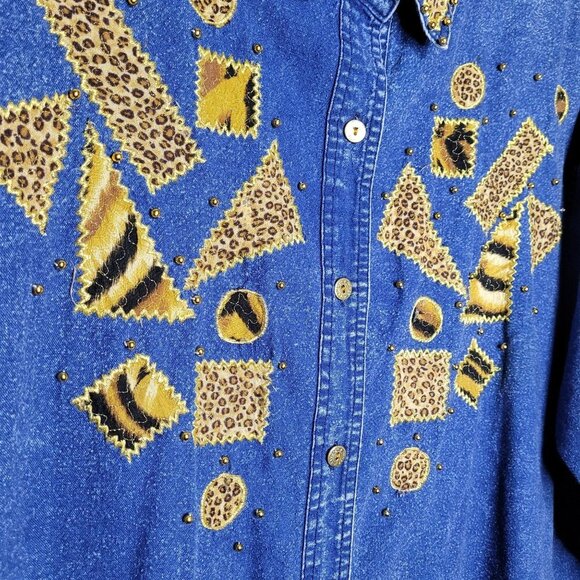 CZ Club Z Womens Blue Denim Animal Patchwork Studded Button up VTG 22 24 - Picture 4 of 12